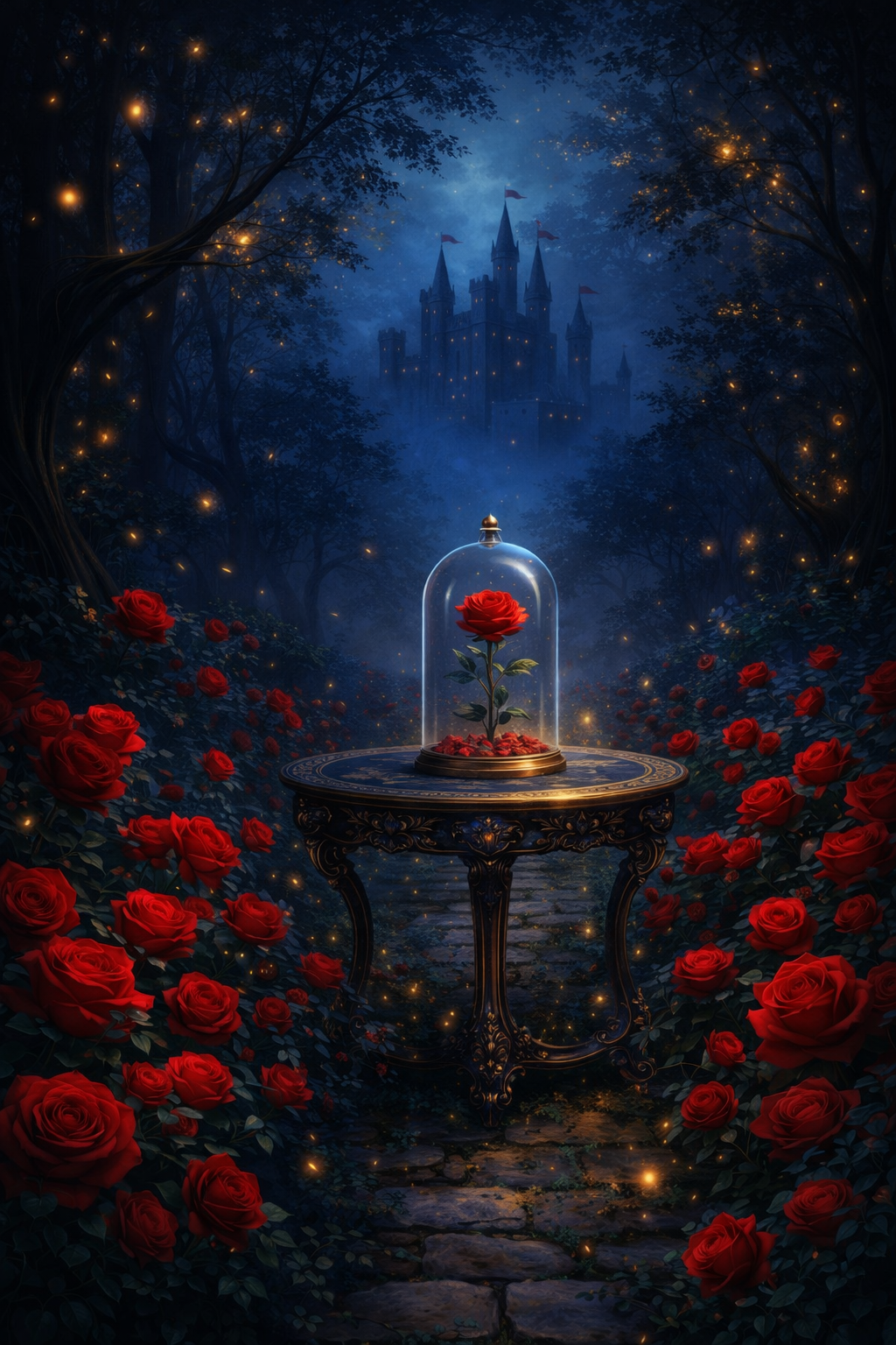 Rosa encantada bajo una cúpula de cristal frente al castillo