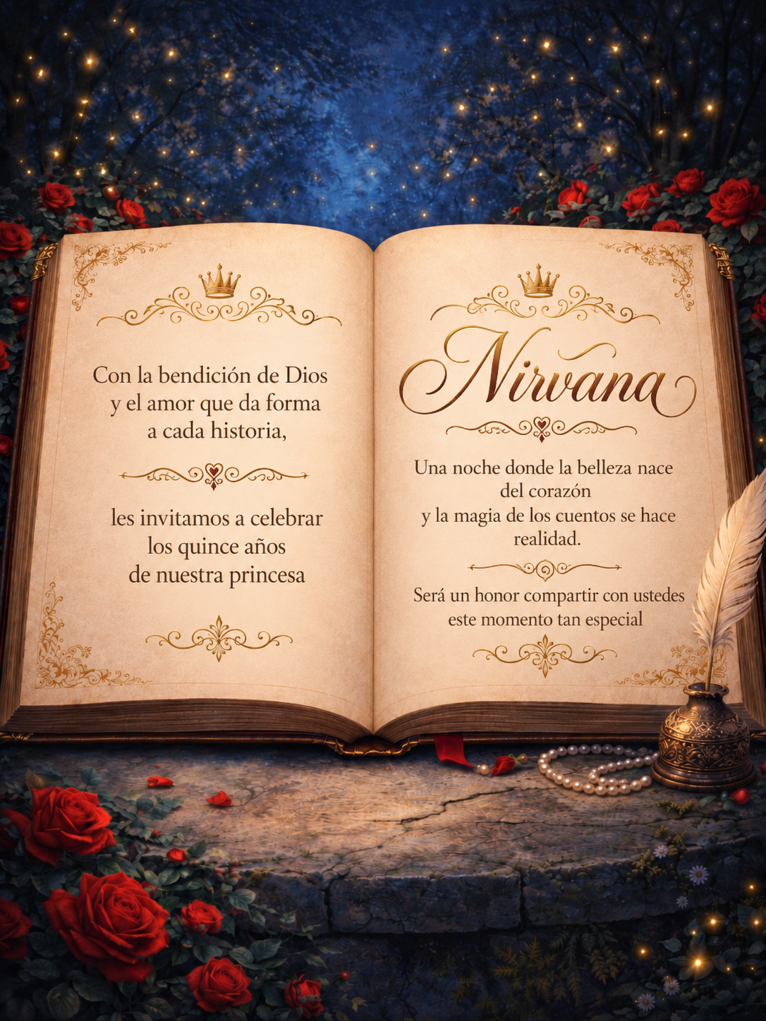 Libro abierto con la invitación de los XV años de Nirvana
